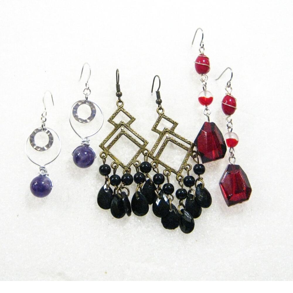 3 pair Handcrafted Earrings Amethyst Hoops Boho Style Chandeliers Red Drops